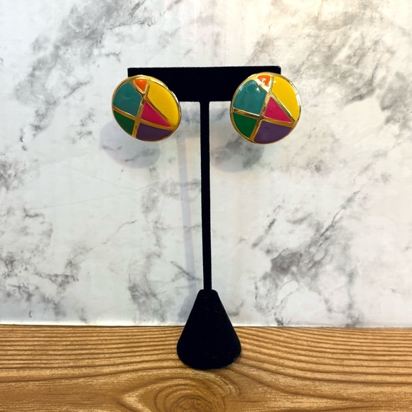 Vintage 80s Enamel Modern Metropolis Geometric Post Pierced Earrings - Picture 2 of 6